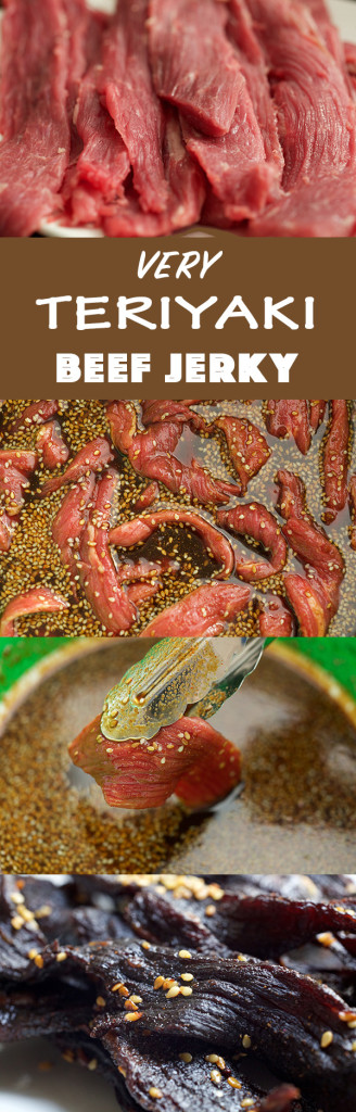 A vertical photo montage of the steps to make Teriyaki Beef Jerky.