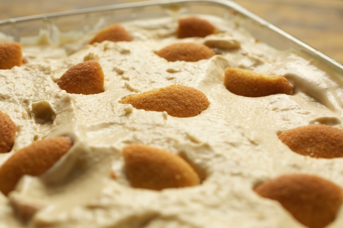 Close up of Nilla wafers on top of Banana Pudding Ice Cream.