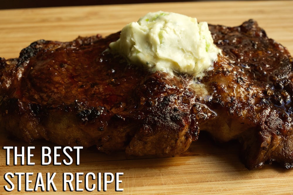 A cooked steak with a pat of butter on top. Text reads "Best Steak Recipe"