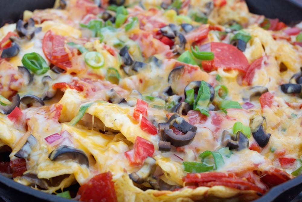 Close up of Campfire Pizza Nachos after cooking.