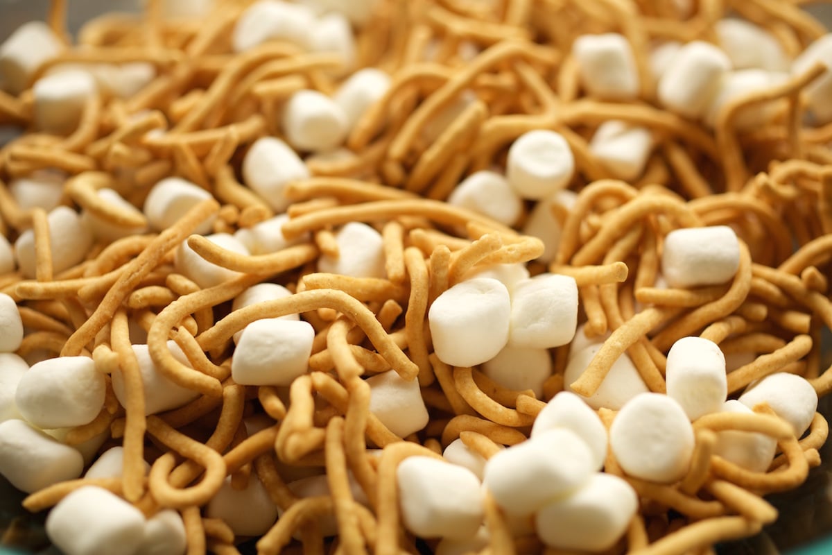 Mini marshmallows and chow mein noodles.