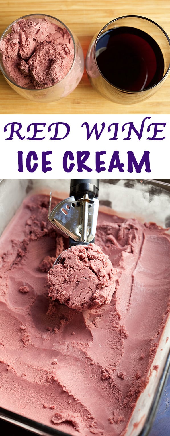 A collage of photos showing red wine ice cream. 
