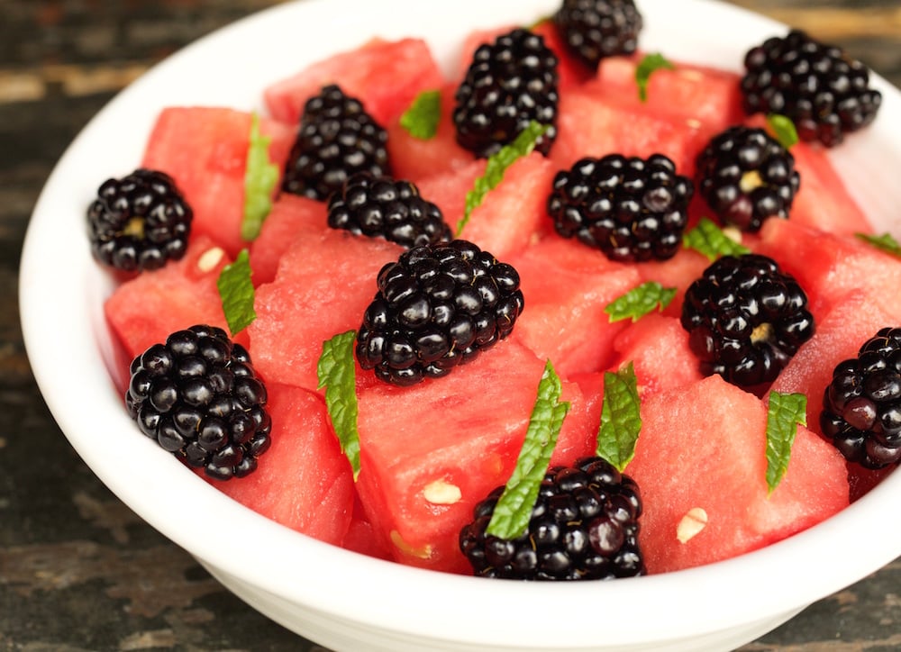 Watermelon & Blackberry Fruit Salad in a white bowl