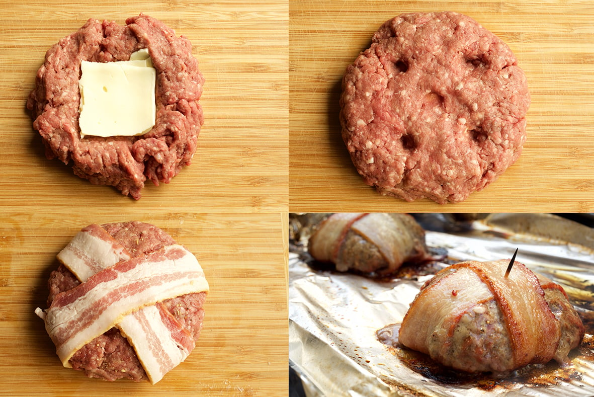 A collage showing how to make a cheese stuffed bacon wrapped burger. 1) A raw meat patty with cheese placed in the middle, 2) More raw meat placed on top to form a patty, 3) Two pieces of bacon criss crossed around the patty, 4) the hamburger patty cooking on foil on the grill. 