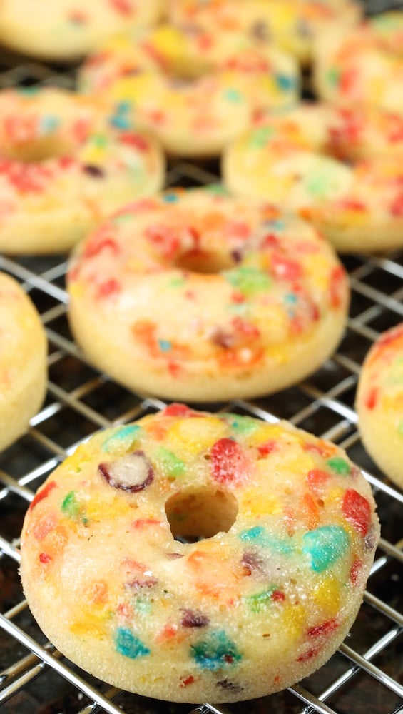 Mini Fruity Pebbles Donuts before being glazed.