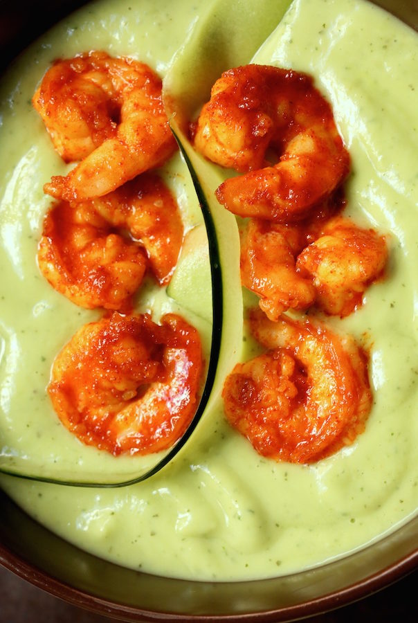 Green Chilled Avocado Cucumber Soup with Shrimp