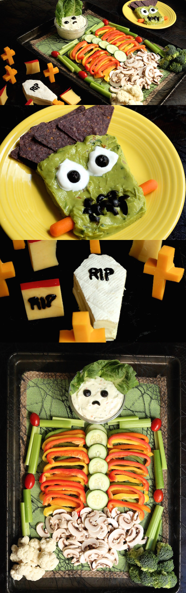 Halloween Appetizer Trio: Skeleton Veggie Tray, Frankenguac, and Brie Coffin Graveyard