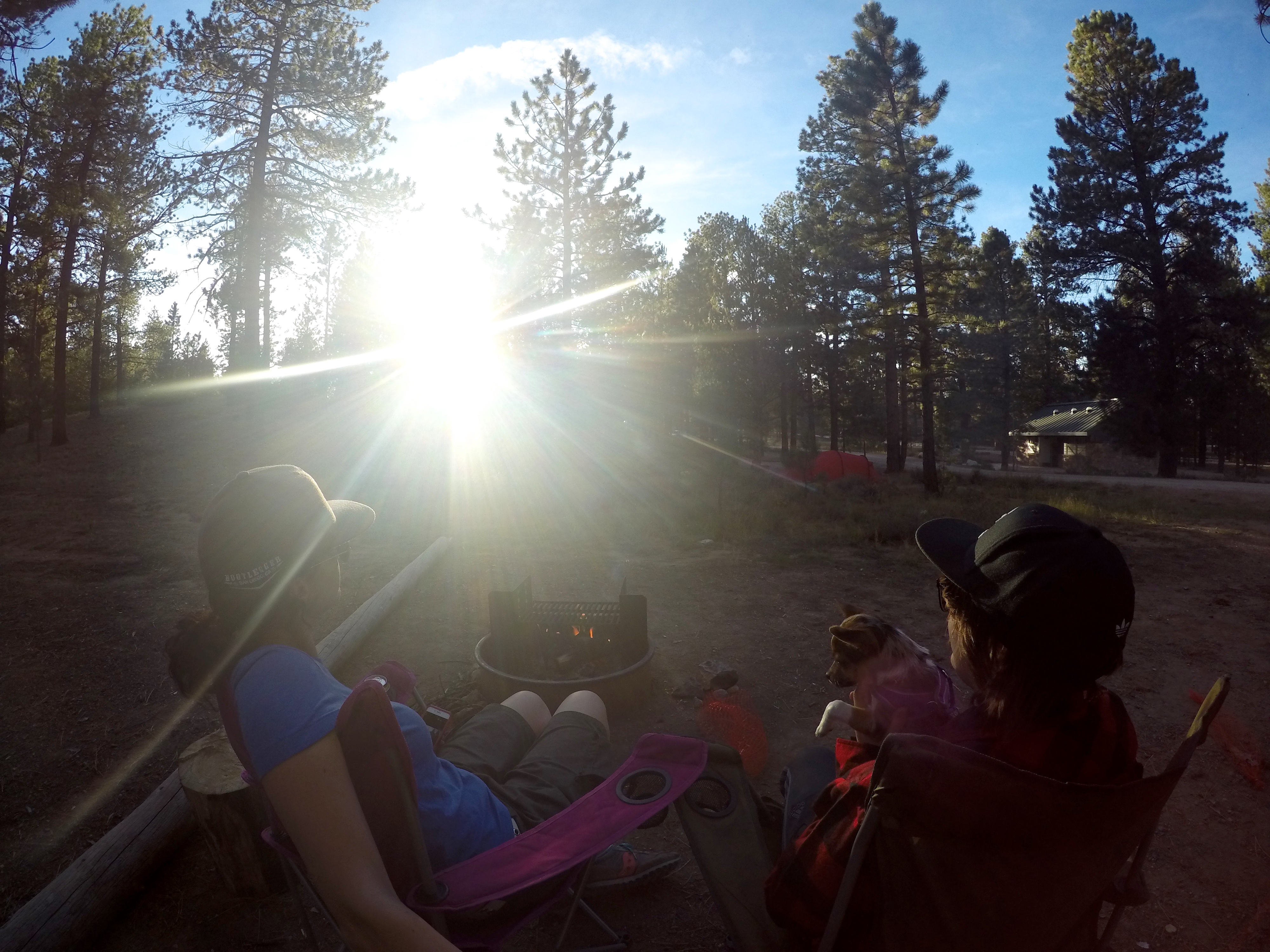 A wide angle photo showing two women and a small dog sitting in camping chairs around a fire at a campsite in the woods.