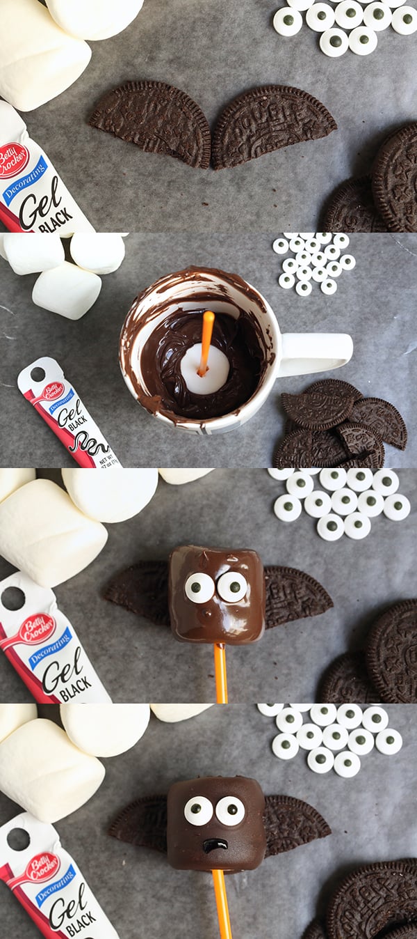 A collage showing the steps to make Vampire Bat Marshmallow Pops. 1- place two halves of a chocolate oreo cookie together to look like bat wings. 2 - Dip a large marshmallow that's on a stick in a mug full of melted chocolate. 3 - Place the chocolate dipped marshmallow on top of the Oreos, then add the two candy eyes. 4 - Allow the chocolate to dry, then use black food gel to draw on a small mouth.