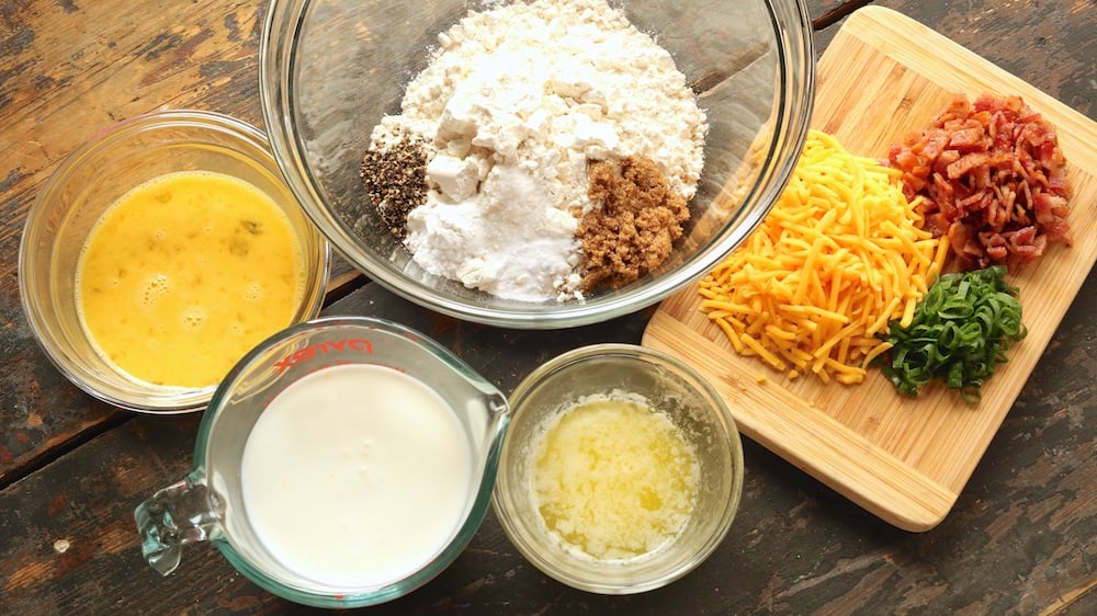 Prep bowls filled with Bacon Cheddar Waffle Ingredients.