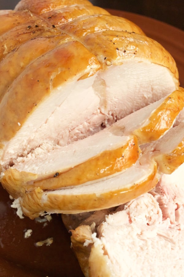 Sweet Tea Brined Turkey Breast that's been sliced.