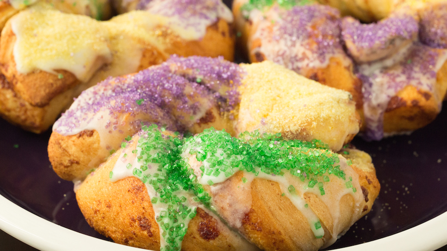 Mini "king cakes" made with canned cinnamon rolls