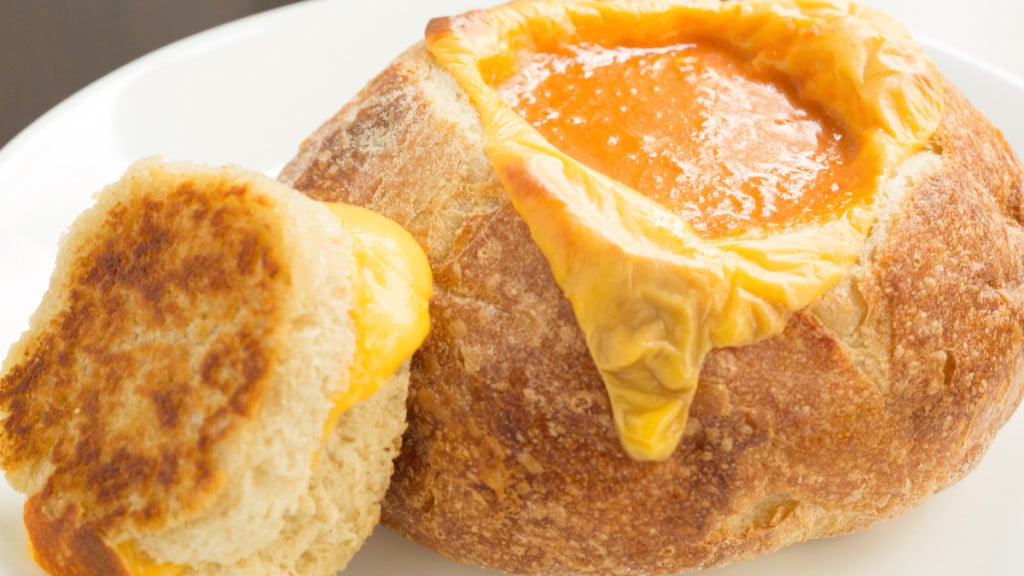 Goat Cheese Tomato Soup in a Grilled Cheese Bread Bowl