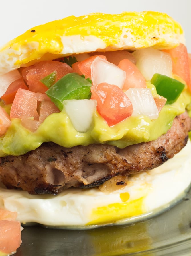 Close up of a Slow Carb Breakfast Sandwich with egg buns