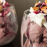 Red Wine Ice Cream Sundae recipe featuring vanilla bean whipped cream, spice wine syrup, and lavender almonds.