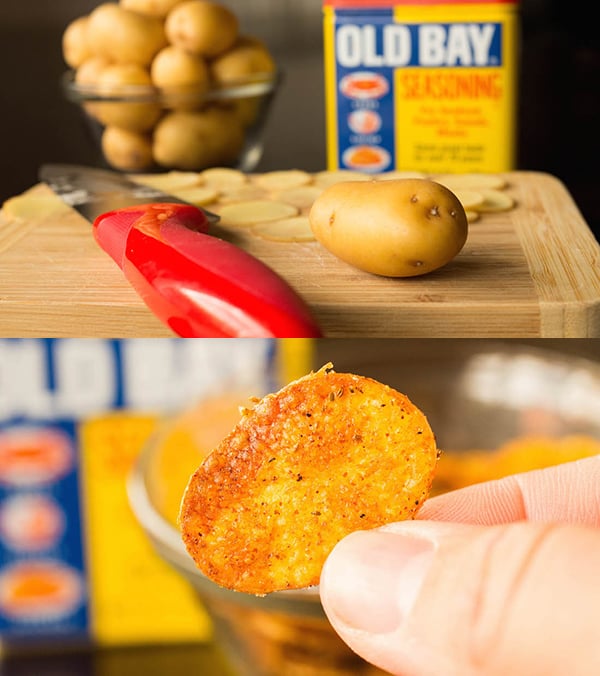 A collage of two photos. The first is small fingerling potatoes on a cutting board in front of a tin of Old Bay seasoning. The second is a close up of a finger holding up the small finished chip that's been seasoned.