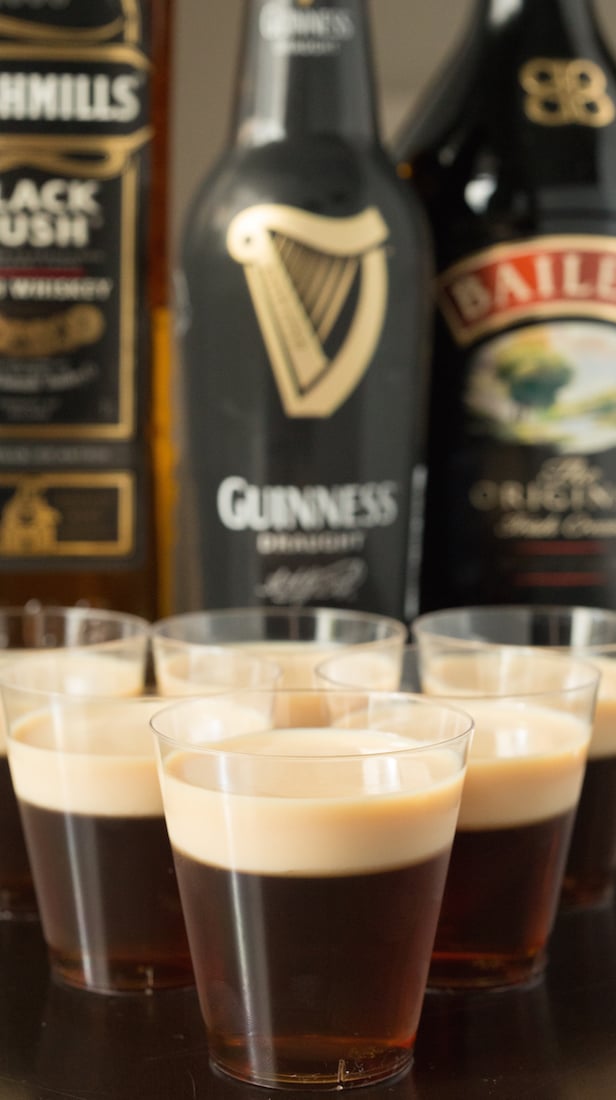 Make Irish Car Bomb Jello Shots. Whisky and Guinness base, creamy Bailey's topping.