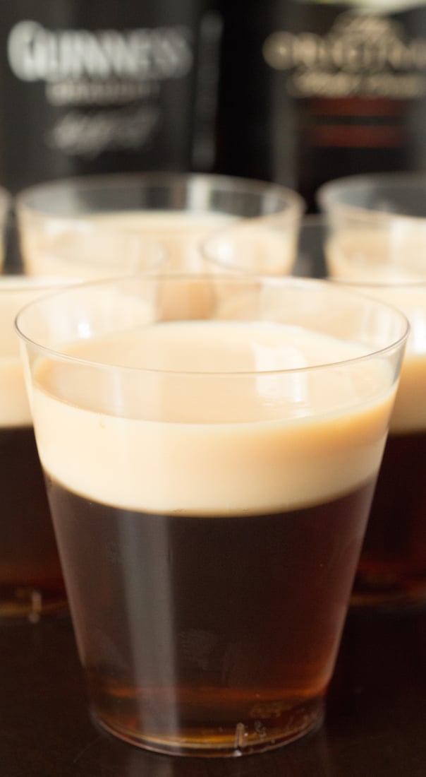 Irish Car Bomb Jello Shots made with Guinness, Irish Whisky, and Bailey's Irish Cream. A hit St. Patrick's day recipe!