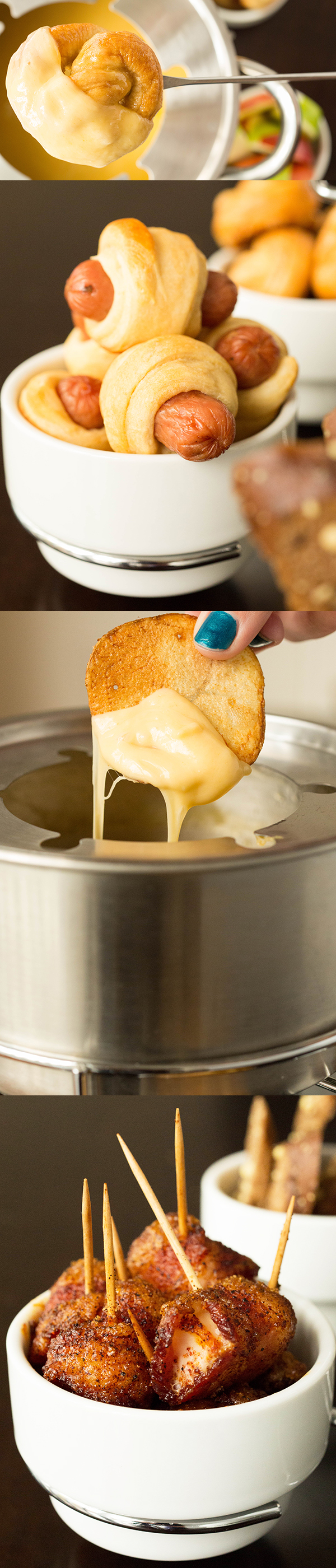 Beer Cheese Fondue made with garlic, lager beer, sharp cheddar, and gruyere. Served with homemade mini soft pretzels.
