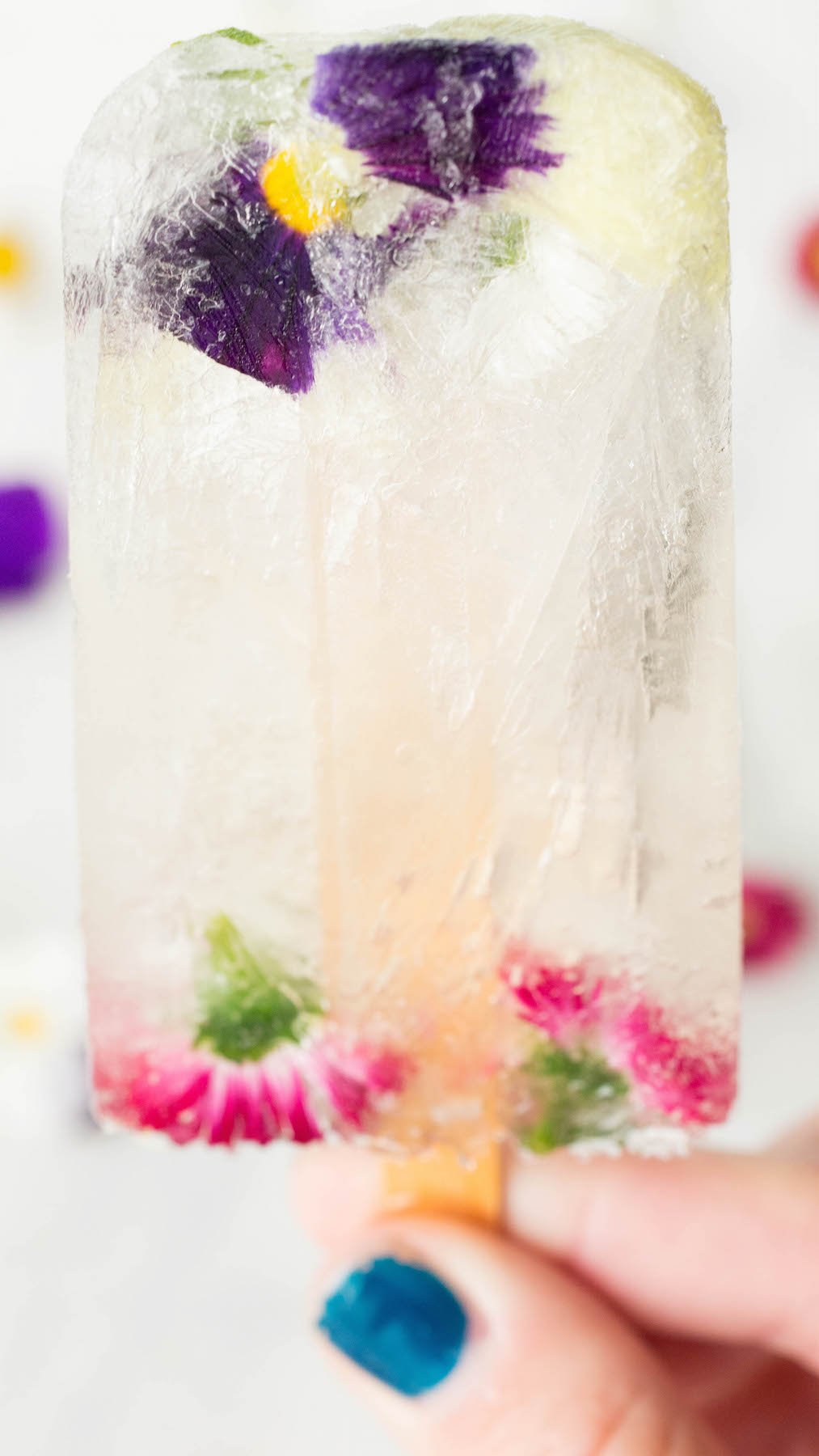 A hand holds up a clear champagne popsicle that has edible flowers inside. 