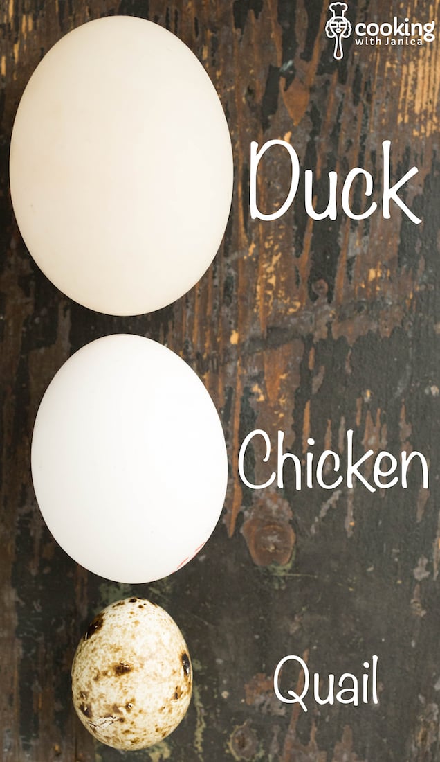 Size comparison of duck eggs, chicken eggs, and quail eggs.