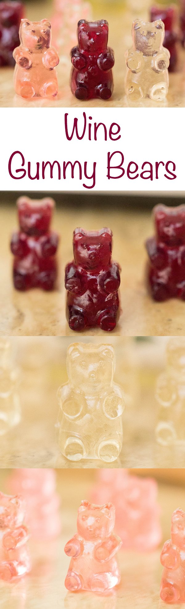 Easy recipe to make red, white, and rose wine gummy bears.