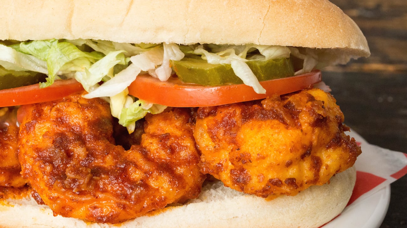 Close up of a Nashville Hot Shrimp Po' Boy