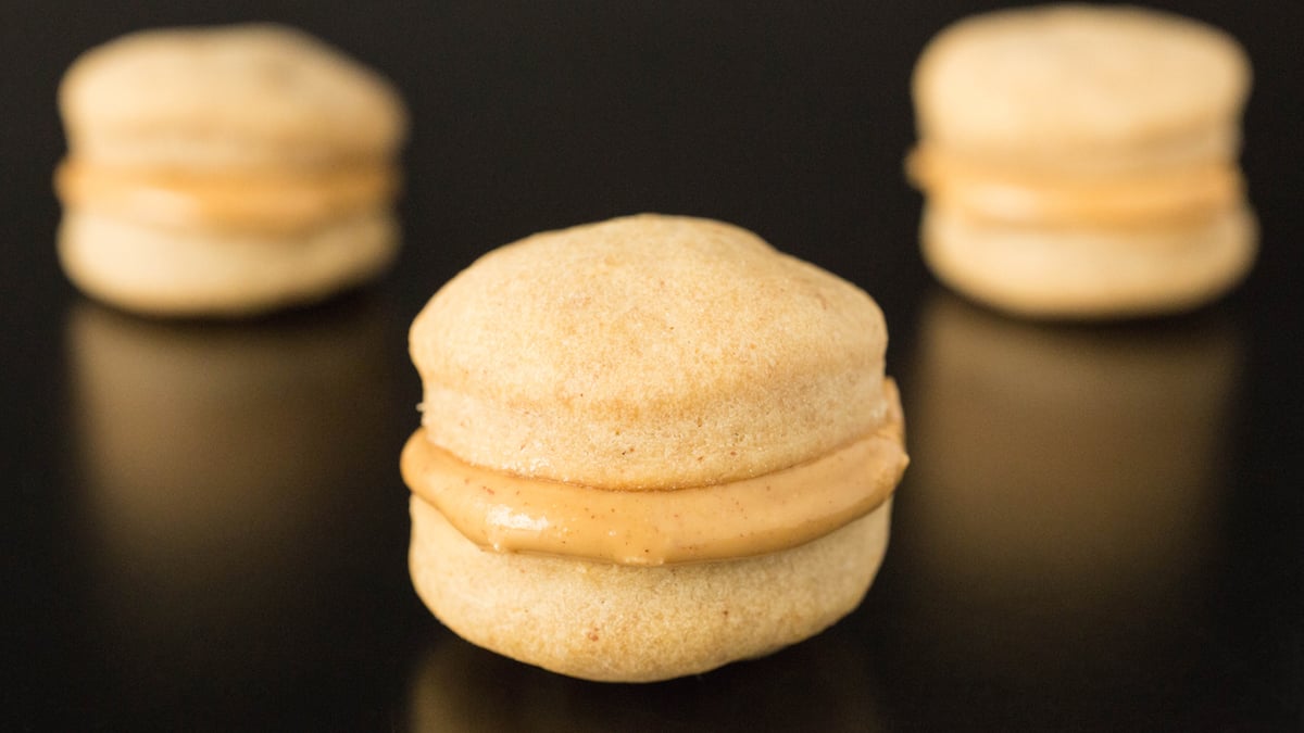 Three Peanut Butter Dog Treat Macarons sit on a black background.