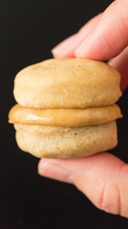 Close up of a hand holding up a Peanut Butter Dog Treat Macaron.