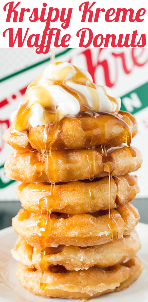 Close up of a stack of Krispy Kreme Waffle Donuts that have been drenched in syrup and topped with whipped cream. Text at the top reads "Krispy Kreme Waffle Donuts".