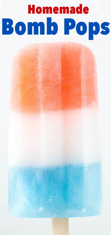 A red, white, and blue popsicle. Text at the top reads "homemade bomb pops".