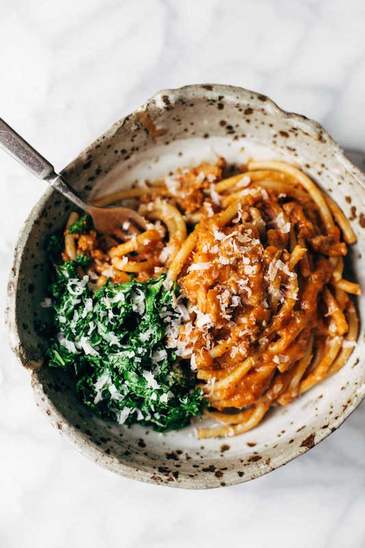 Creamy Pumpkin Spaghetti with Garlic Kale - Healthy Fall Recipes