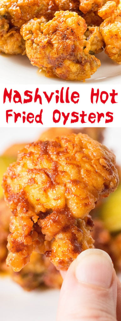 Two photos of Nashville Hot Fried Oysters with text in the middle that says "Nashville Hot Fried Oysters".