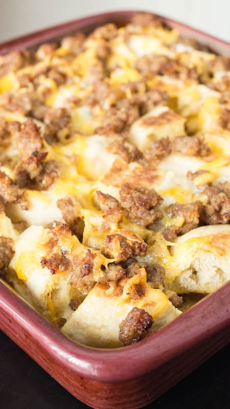 Sausage McMuffin Casserole in a baking dish after being cooked. 