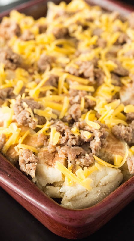 Sausage Egg McMuffin Breakfast Casserole in the baking dish before being cooked.