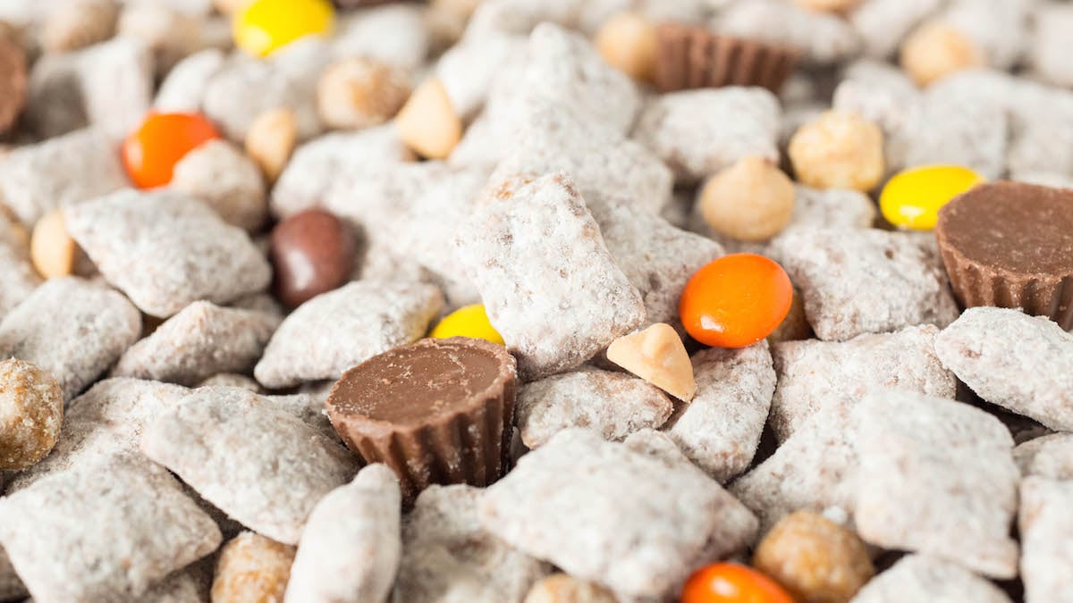 Reese's Puppy Chow with mini Reese's Cups, Reese's Pieces, and Reese's cereal. 