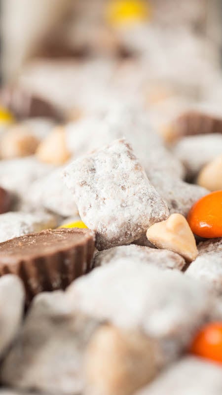 Extreme close up of a piece of Reese's Puppy Chow.