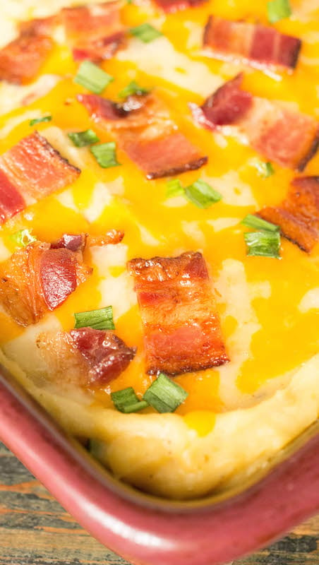 Close up of Instant Pot Twice Baked Potato Casserole Recipe in a baking dish.