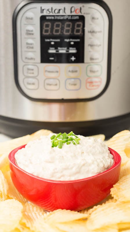 Instant Pot Caramelized Onion Dip sitting in front of the Instant Pot.
