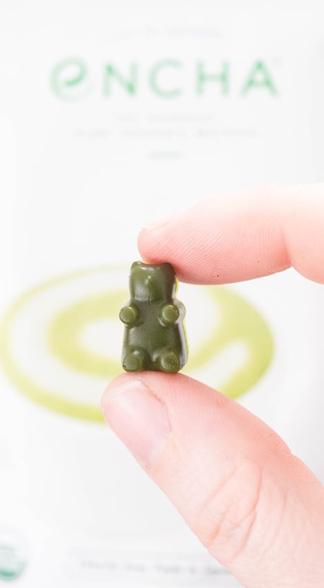 Close up of a finger holding up a matcha gummy bear.