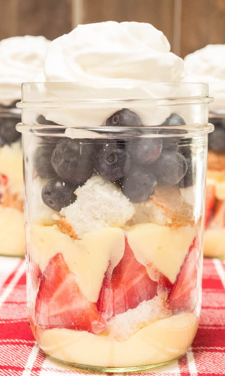 Close up of July 4th Angel Food Cake Recipe in a Mason Jar.