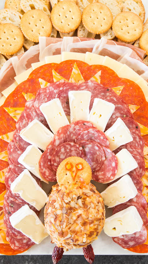 Sliced meats, cheeses, and ritz crackers arranged to look like a turkey for Thanksgiving.