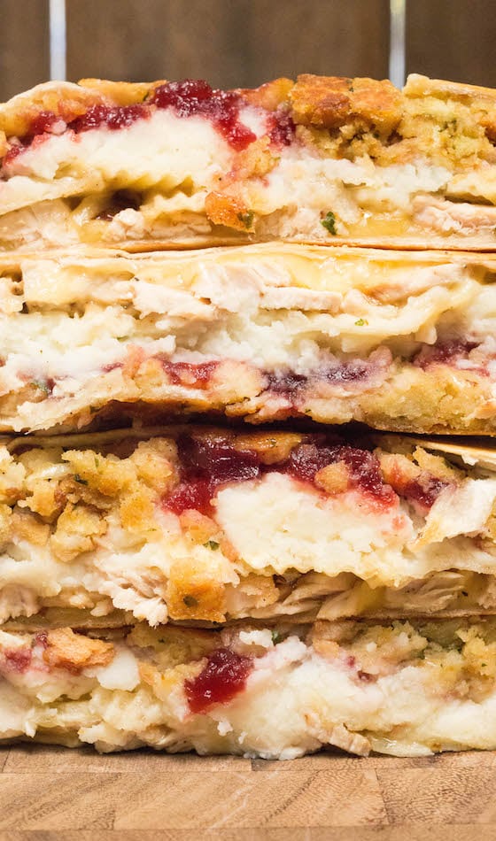 Close up of the inside of a Thanksgiving Leftovers Crunchwrap Supreme.