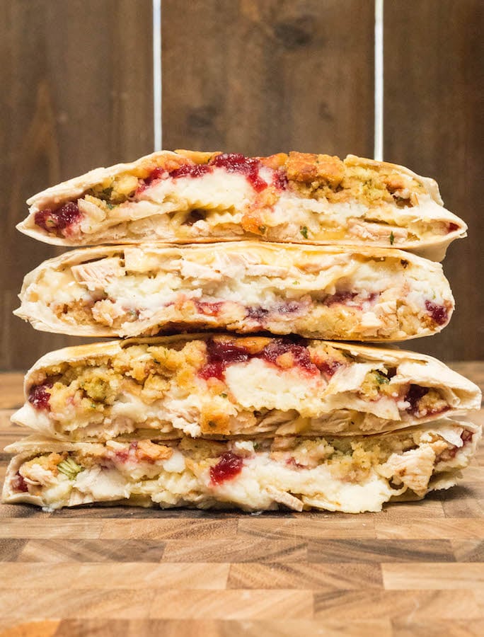 Two Thanksgiving Leftovers Crunchwrap stacked on top of each other.