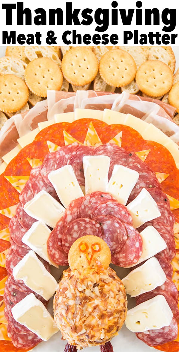 A cheese ball and various sliced meats and cheeses arranged to look like a turkey.