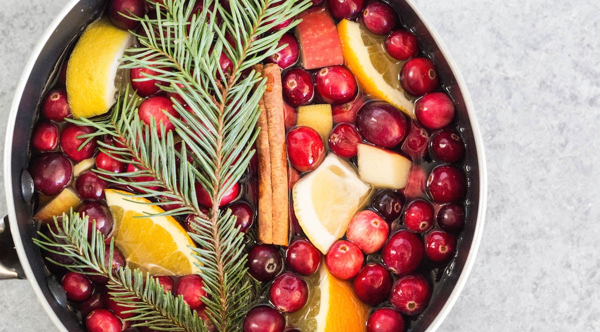 Overhead view of a pot filled with homemade Christmas Potpourri.