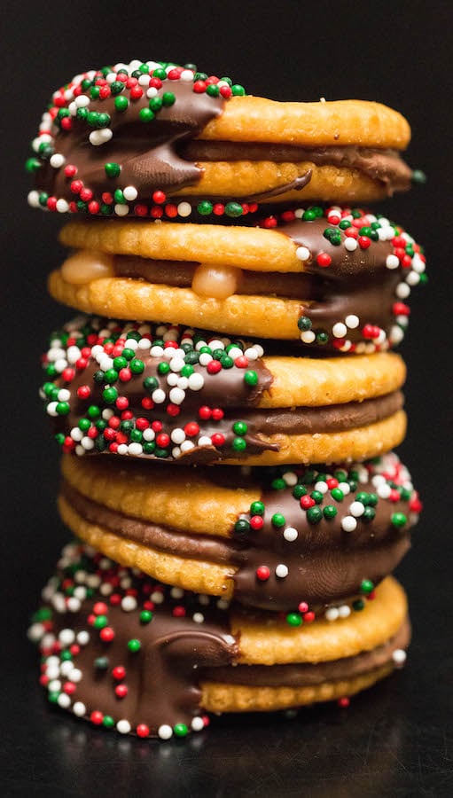 A tall stack of Christmas Rolo Ritz Crackers.