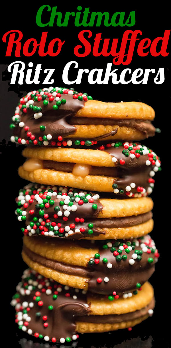 Ritz Crackers stuffed with Rolo's then dipped in chocolate and covered in Christmas sprinkles stacked on top of one another.