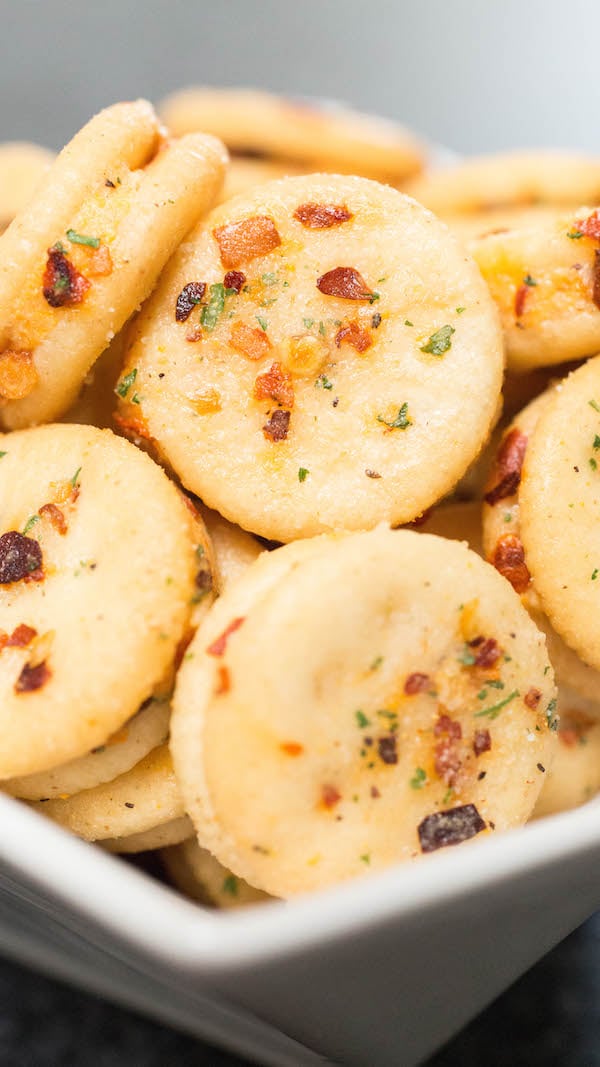 Spicy Ranch Ritz Bits Fire Crackers in a white serving bowl.