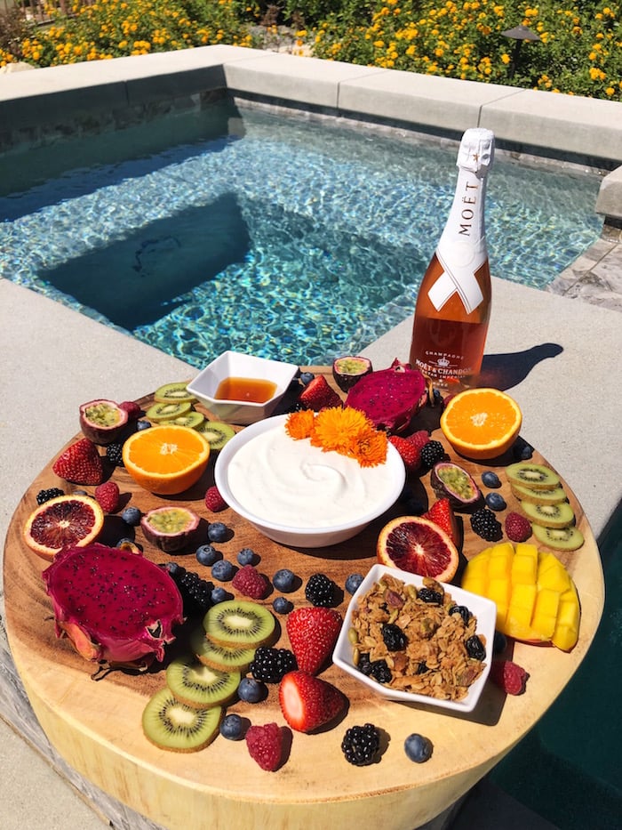 Coachella Food To Bring - Fruit & Yogurt Brunch Board with Champagne